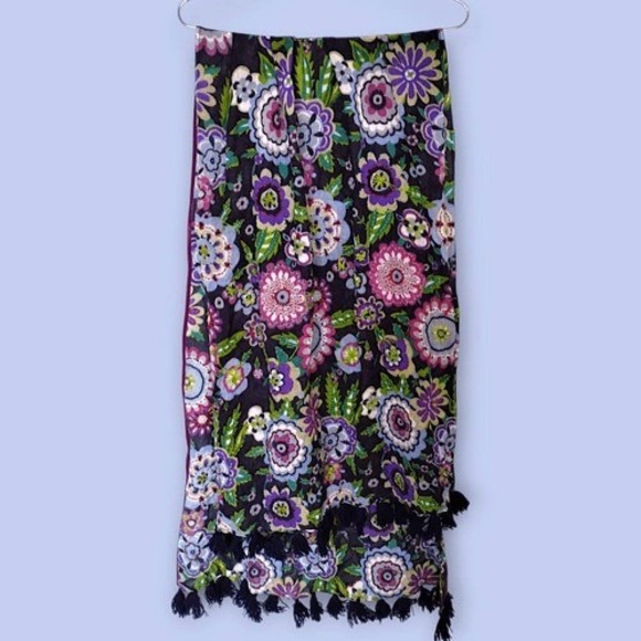 Aleta Wool Floral Scarf with Tassels Purple Pink Green Italian Shawl Wrap - Picture 1 of 16